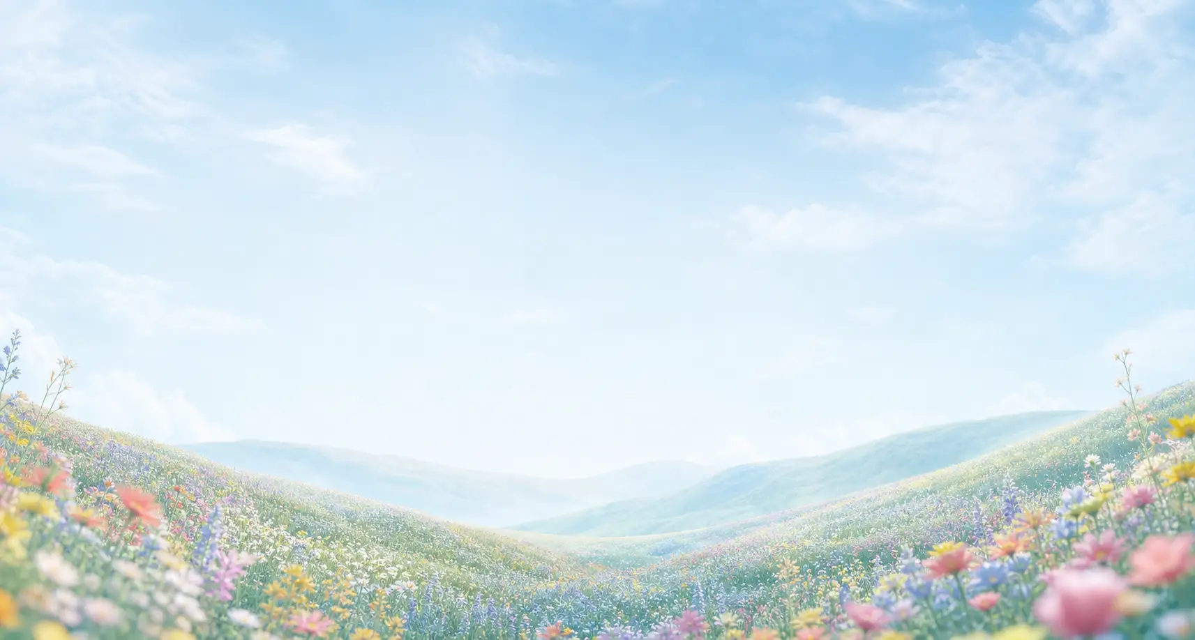 A sunlit field of wildflowers beneath a blue sky